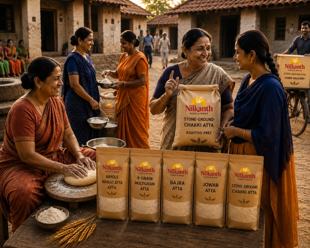Indian village women preparing chapati dough next to Nilkanth product sacks