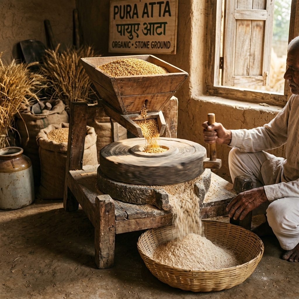 Traditional stone chakki grinding wheat slowly